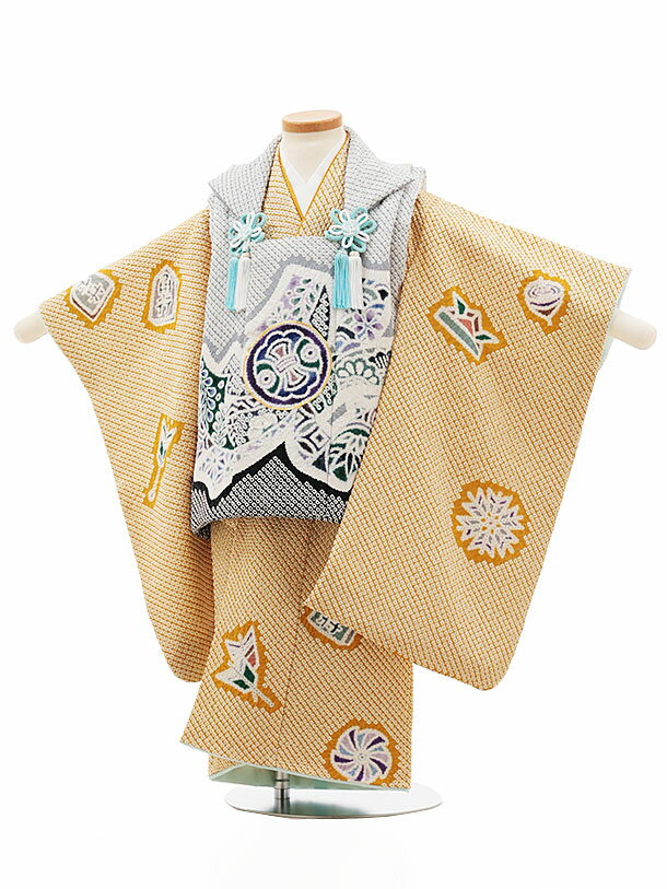 被布 レンタル 男児 七五三 被布 着物 レンタル 七五三W199【正絹】グレーぼかし束ね熨斗×からし色おもちゃ 正絹 3歳男の子 七五三 男児 着物 3歳 子...