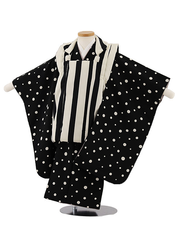 被布 レンタル 男児 七五三 被布 着物 レンタル 七五三 W251 白黒ストライプ×黒白ドット 3歳男の子 七五三 男児 着物 3歳 子供 きもの 被布 セッ...