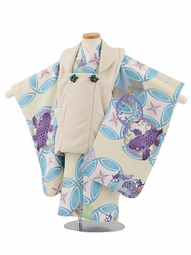 被布 レンタル 男児 七五三 被布 着物 レンタル 七五三 W267 アイボリーラメ×クリーム 波に鯉と龍 3歳男の子 七五三 男児 着物 3歳 子供 きもの ...