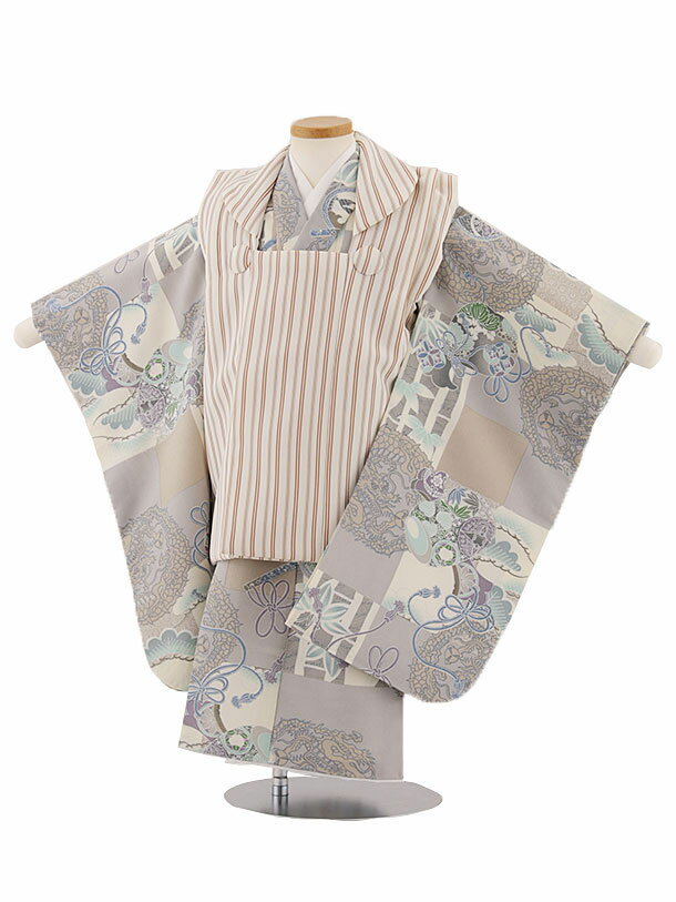 被布 レンタル 男児 七五三 被布 着物 レンタル 七五三 W273 アイボリーストライプ×グレー軍配に龍 3歳男の子 七五三 男児 着物 3歳 子供 きもの ...