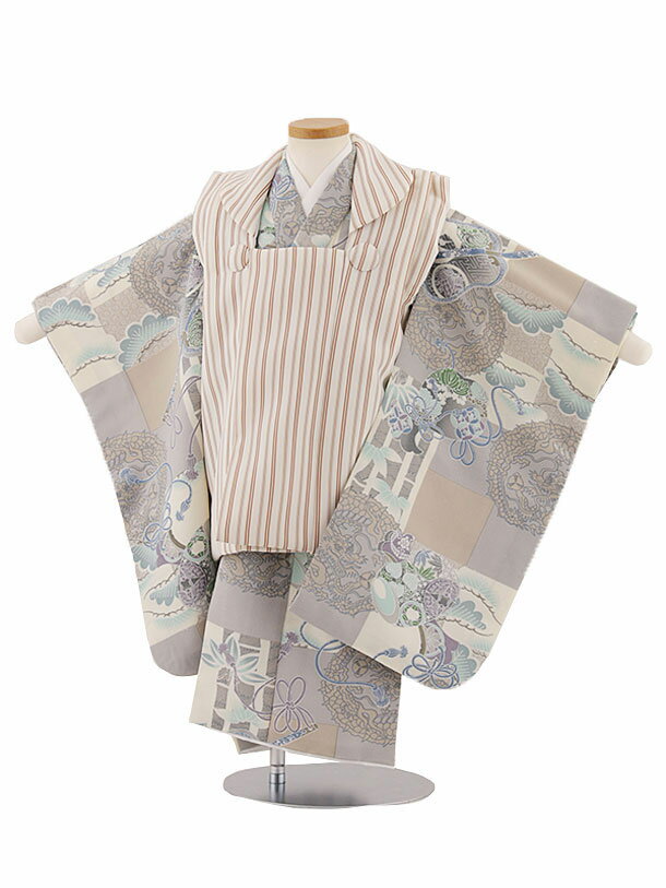 被布 レンタル 男児 七五三 被布 着物 レンタル 七五三 W274 アイボリーストライプ×グレー軍配に龍 3歳男の子 七五三 男児 着物 3歳 子供 きもの ...