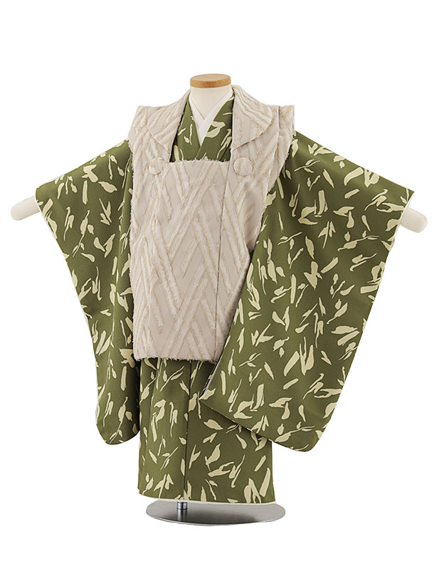 被布 レンタル 男児 七五三 被布 着物 レンタル 七五三 W290 ベージュ×抹茶色変わり柄 3歳男の子 七五三 男児 着物 3歳 子供 きもの 被布 セット...