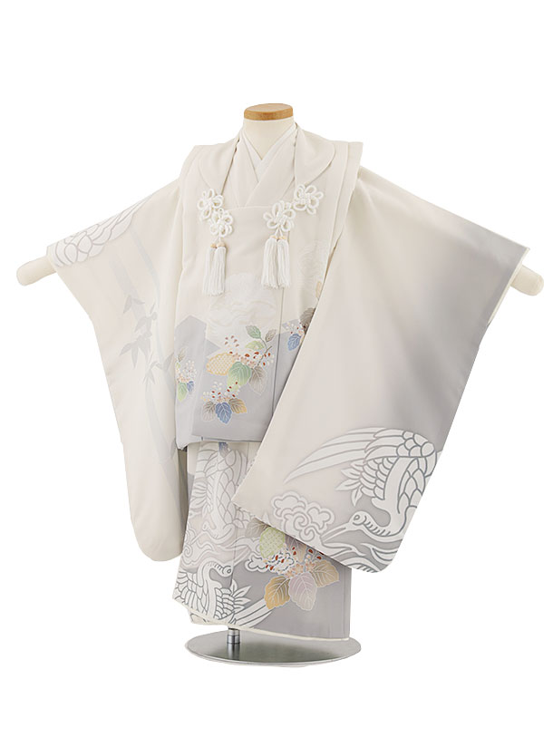 被布 レンタル 男児 七五三 被布 着物 レンタル 七五三 W294 白グレー向かい鶴 3歳男の子 七五三 男児 着物 3歳 子供 きもの 被布 セット お正月...