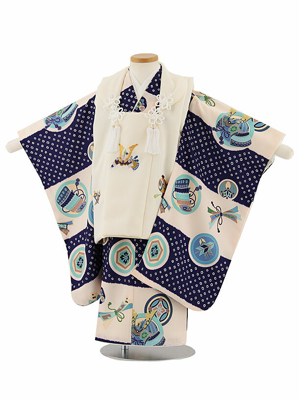 被布 レンタル 男児 七五三 被布 着物 レンタル 七五三 W296 アイボリー兜×ピンクベージュ丸紋 3歳男の子 七五三 男児 着物 3歳 子供 きもの 被布...