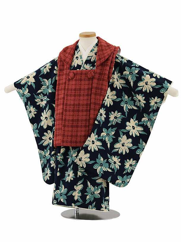 被布 レンタル 男児 七五三 被布 着物 レンタル 七五三 W303 赤チェック×紺フラワー 3歳男の子 七五三 男児 着物 3歳 子供 きもの 被布 セット ...