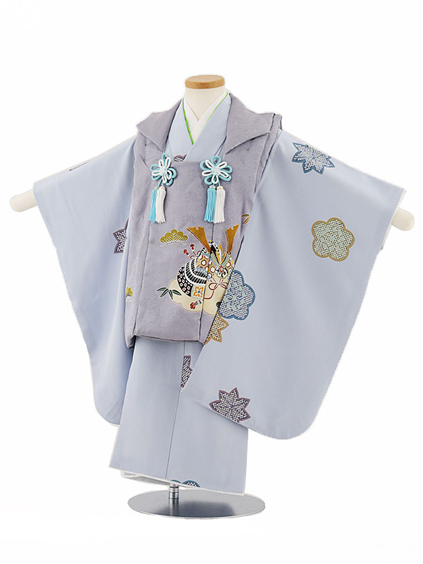 被布 レンタル 男児 七五三 被布 着物 レンタル 七五三W319【正絹】グレー兜×水色小紋 正絹 3歳男の子 七五三 男児 着物 3歳 子供 きもの 被布 セ...