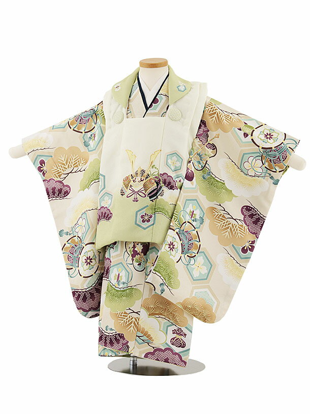 被布 レンタル 男児 七五三 被布 着物 レンタル 七五三 W325 白うぐいす兜×亀甲紋に松 3歳男の子 七五三 男児 着物 3歳 子供 きもの 被布 セット...