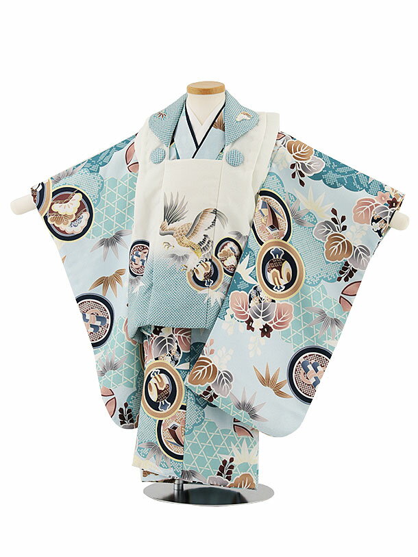 被布 レンタル 男児 七五三 被布 着物 レンタル 七五三 W328 青緑鷹×雲取りに丸紋 3歳男の子 七五三 男児 着物 3歳 子供 きもの 被布 セット お...