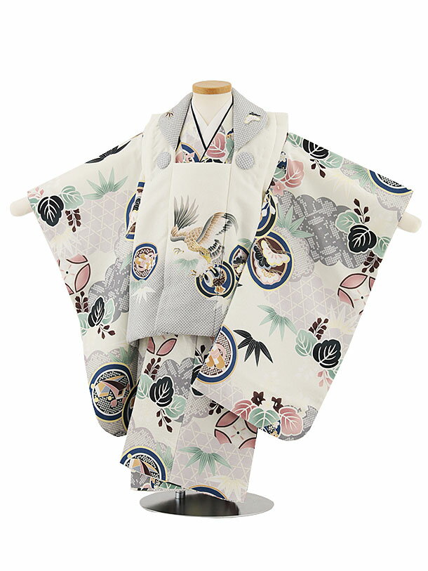 被布 レンタル 男児 七五三 被布 着物 レンタル 七五三 W330 白グレー鷹×アイボリー雲取りに丸紋 3歳男の子 七五三 男児 着物 3歳 子供 きもの 被...