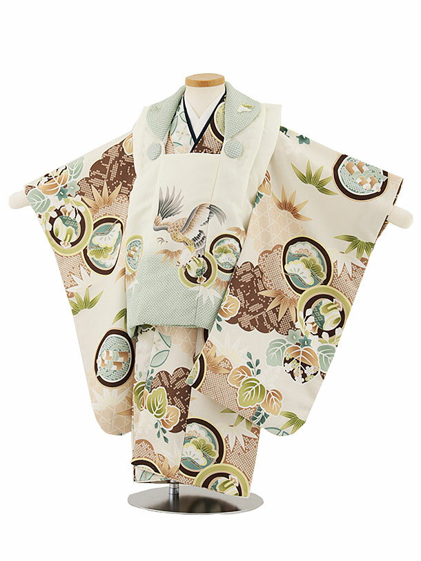 被布 レンタル 男児 七五三 被布 着物 レンタル 七五三 W331 白ひわ鷹×ベージュ雲取りに丸紋 3歳男の子 七五三 男児 着物 3歳 子供 きもの 被布 ...