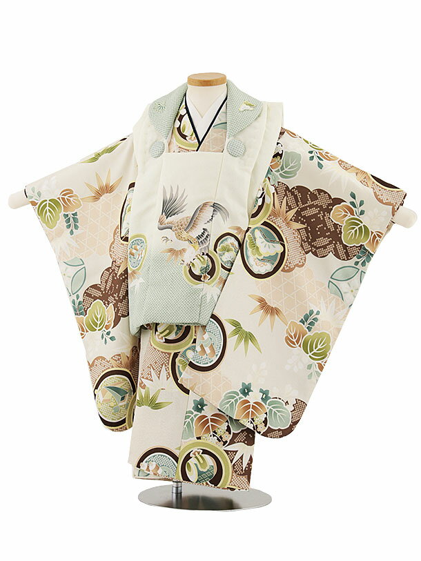 被布 レンタル 男児 七五三 被布 着物 レンタル 七五三 W332 白ひわ鷹×ベージュ雲取りに丸紋 3歳男の子 七五三 男児 着物 3歳 子供 きもの 被布 セット お正月 和装 お祝い 3才 3歳 男の子 被布コート 新品足袋プレゼント 往復送料無料【レンタル】