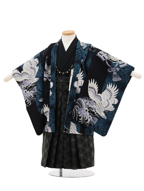 楽天京都かしいしょう【レンタル】着物 かんたん（3.4歳男児袴）W467 JAPAN STYLE 紺地 鷹に乱菊縞×黒 3歳 袴（簡単着付け） フルセット 男の子 お祝い着 正月 3才 男児 きものレンタル〔往復送料無料〕