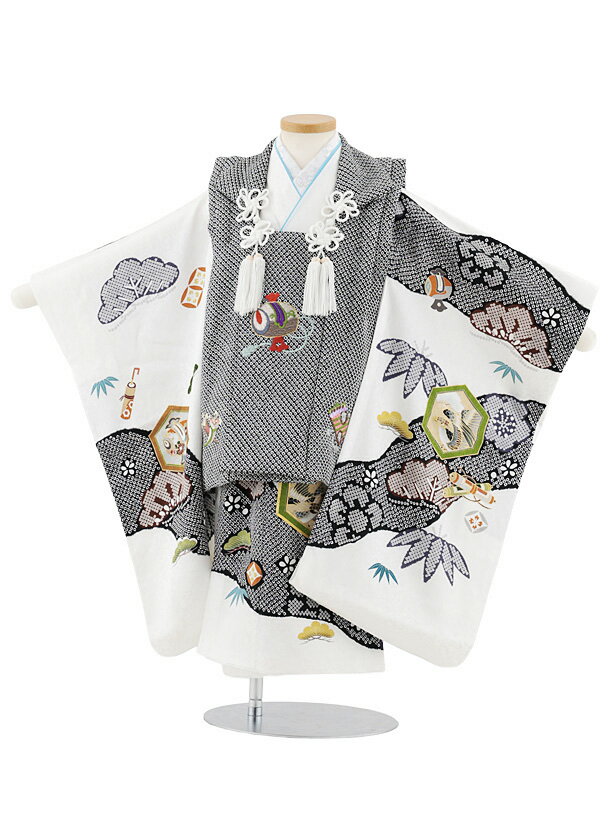 【レンタル】着物 七五三レンタル(3歳男児被布)W564【正絹】黒疋田柄 刺繍小槌×白 吉祥文様 3歳 被布 フルセット 男の子 お祝い着 正月 3才 男児 き...