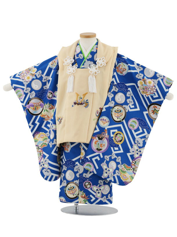 【レンタル】着物 七五三レンタル(3歳男児被布)W570 ベージュ刺繍兜×青丸紋に吉祥文様 3歳 被布 フルセット 男の子 お祝い着 正月 3才 男児 きものレ...