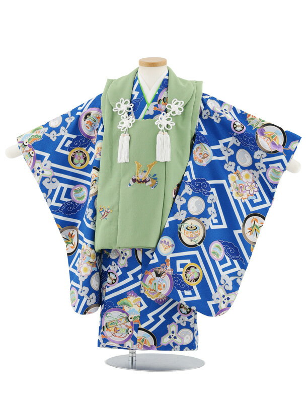 【レンタル】着物 七五三レンタル(3歳男児被布)W572 グリーン刺繍兜×青丸紋に吉祥文様 3歳 被布 フルセット 男の子 お祝い着 正月 3才 男児 きものレ...