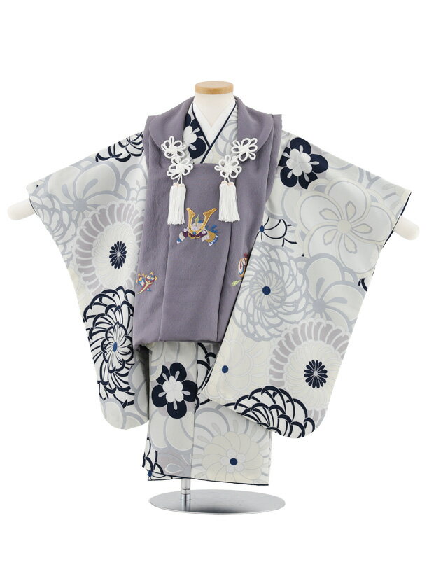 【レンタル】着物 七五三(3歳男児被布)W581 グレーパープル刺繍兜×グレージュねじり梅菊 3歳 被布 フル..