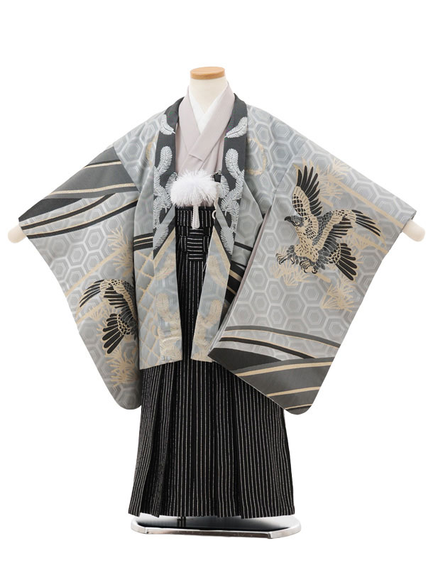 【レンタル】着物 かんたん七五三(5歳男袴)X740 グレー亀甲文に鷹×黒シルバー縞 5歳 袴（簡単着付け） フルセット 男の子 お祝い着 正月 5才 男児 きものレンタル〔往復送料無料〕