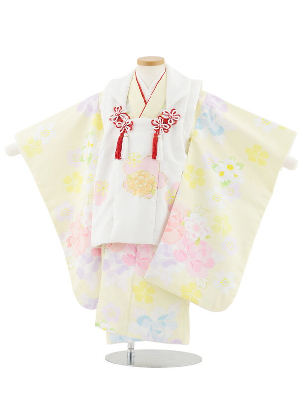 【レンタル】着物 七五三レンタル(3歳女児被布)S044 白×黄 花模様 3歳 被布 フルセット 女の子 お祝い着 正月 3才 女児 きものレンタル〔往復送料無...