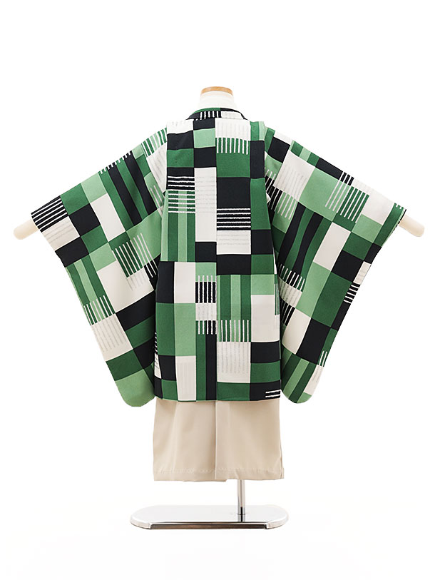 【レンタル】着物 かんたん七五三(5歳)O162【ようよう】 geometric 緑×ベージュ 5歳 袴（簡単着付け） フルセット 男の子 お祝い着 正月 5才 男児 きものレンタル〔往復送料無料〕