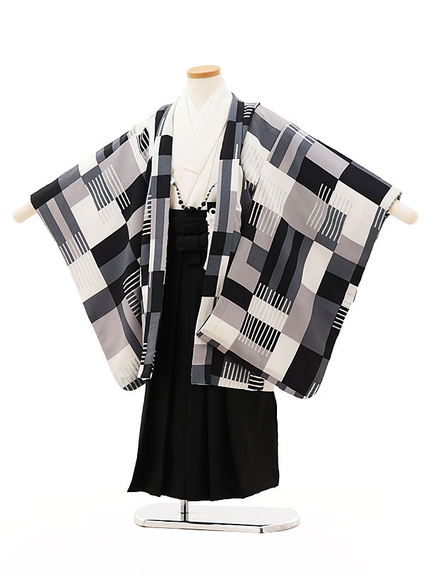 【レンタル】着物 かんたん七五三(5歳男袴)O163 【ようよう】geometric グレー×黒 5歳 袴（簡単着付け） フルセット 男の子 お祝い着 正月 5才 男児 きものレンタル〔往復送料無料〕
