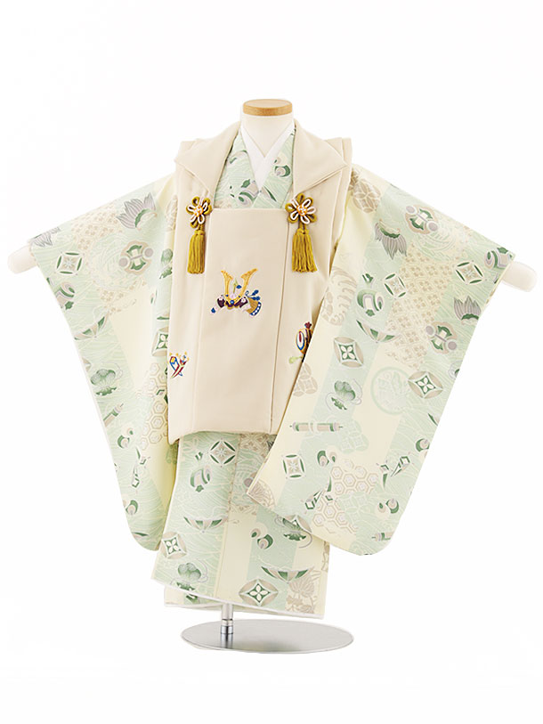 【レンタル】着物 七五三レンタル(3歳男児被布)W363 ベージュ刺繍兜×クリーム宝尽くし 3歳 被布 フルセット 男の子 お祝い着 正月 3才 男児 きものレ...