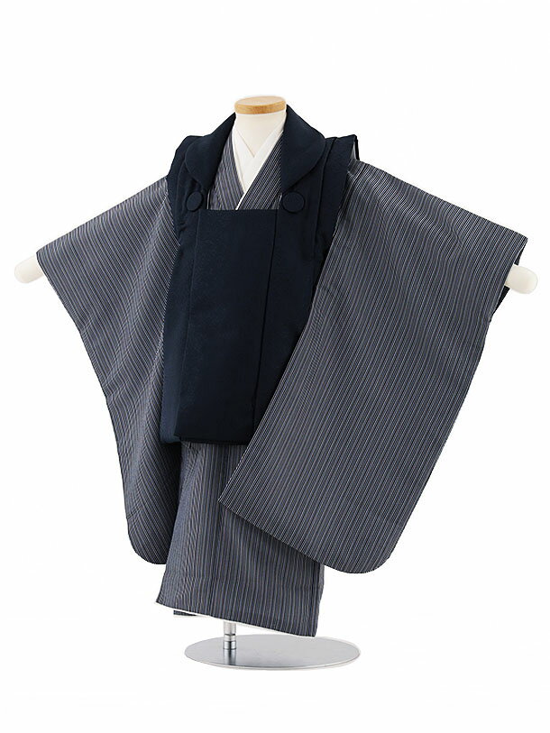 【レンタル】着物 七五三レンタル(3歳男児被布)W387 紺唐花×ブルーストライプ 3歳 被布 フルセット 男の子 お祝い着 正月 3才 男児 きものレンタル〔...