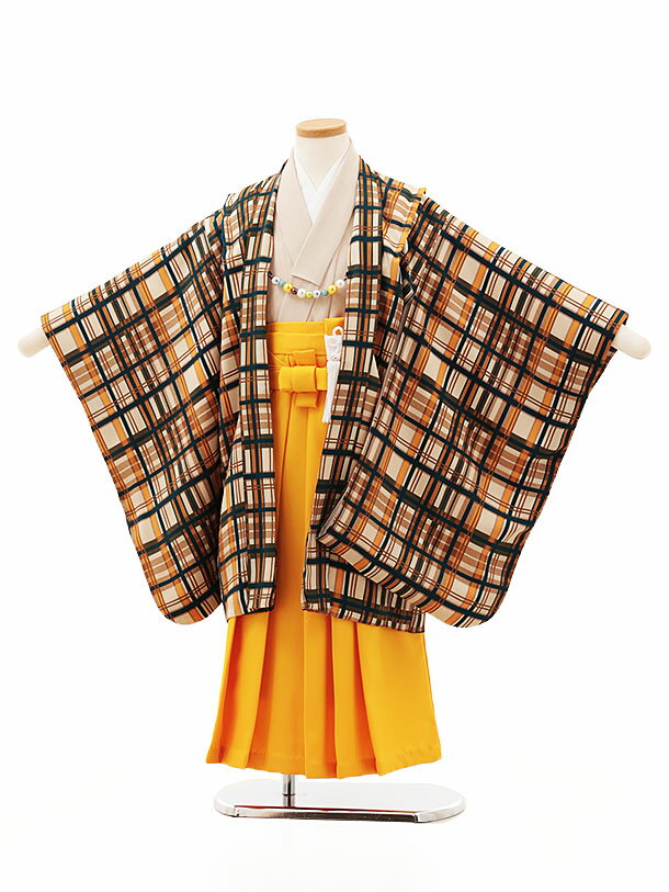 七五三レンタル 男の子 X572 ベージュブラウンチェック×黄色 5歳 男の子 レンタル 袴セット 男児 753 フルセット 着物 子ども きものレンタル 七五三レンタル 羽織 お正月 和装 お祝い 5才 男の子 袴 新品足袋プレゼント 往復送料無料【レンタル】