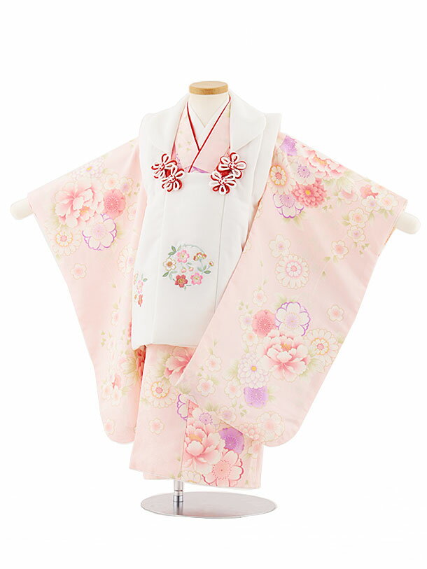 【レンタル】着物 七五三(3歳女児被布)4722 白刺繍桜×ピンク菊桜牡丹 3歳 被布 フルセット 女の子 お祝い着 正月 3才 女児 きものレンタル〔往復送料...