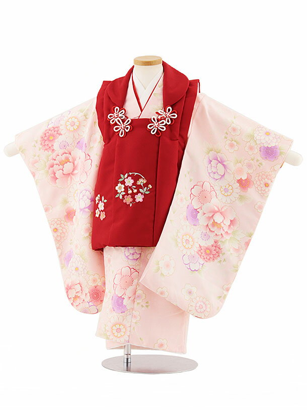 【レンタル】着物 七五三(3歳女児被布)4726 赤刺繍桜×ピンク菊桜牡丹 3歳 被布 フルセット 女の子 お祝い着 正月 3才 女児 きものレンタル〔往復送料...