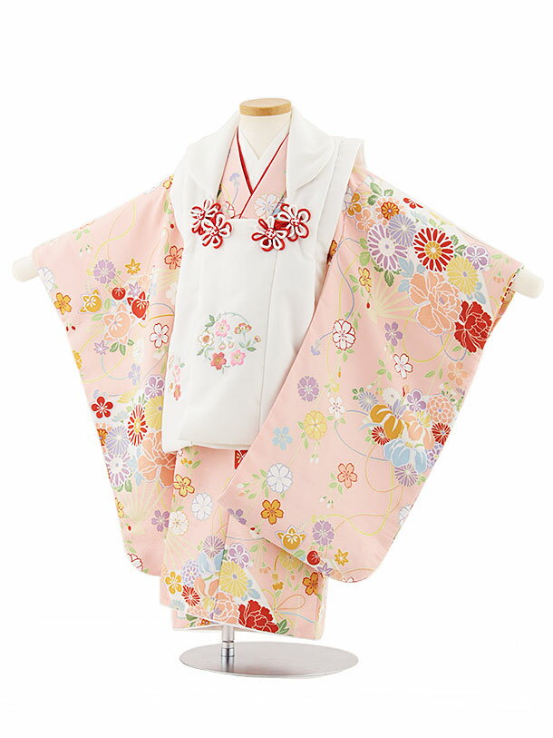 【レンタル】着物 七五三(3歳女児被布)4736 白刺繍桜×ピンク扇と古典花 3歳 被布 フルセット 女の子 お祝い着 正月 3才 女児 きものレンタル〔往復送...