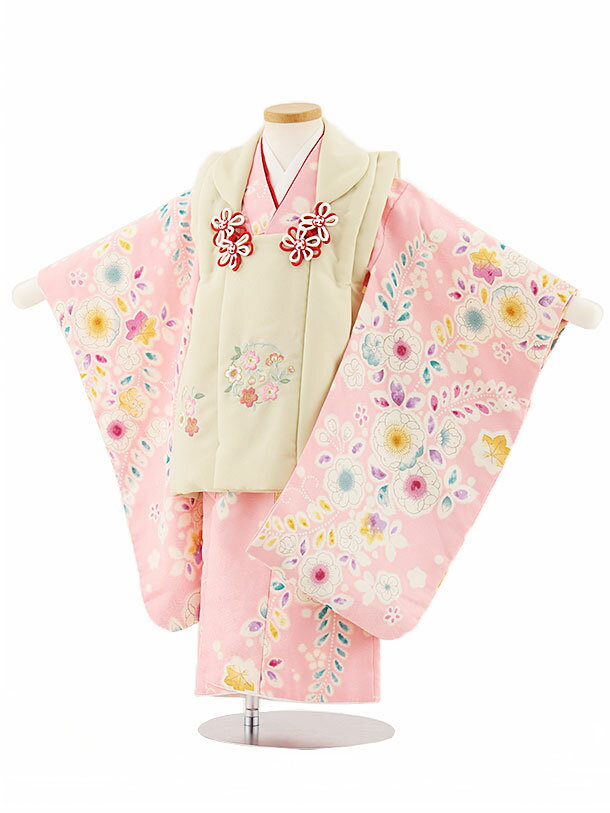 【レンタル】着物 七五三(3歳女児被布)4743 ベージュ刺繍桜×ピンク辻が花調 3歳 被布 フルセット 女の子 お祝い着 正月 3才 女児 きものレンタル〔往...