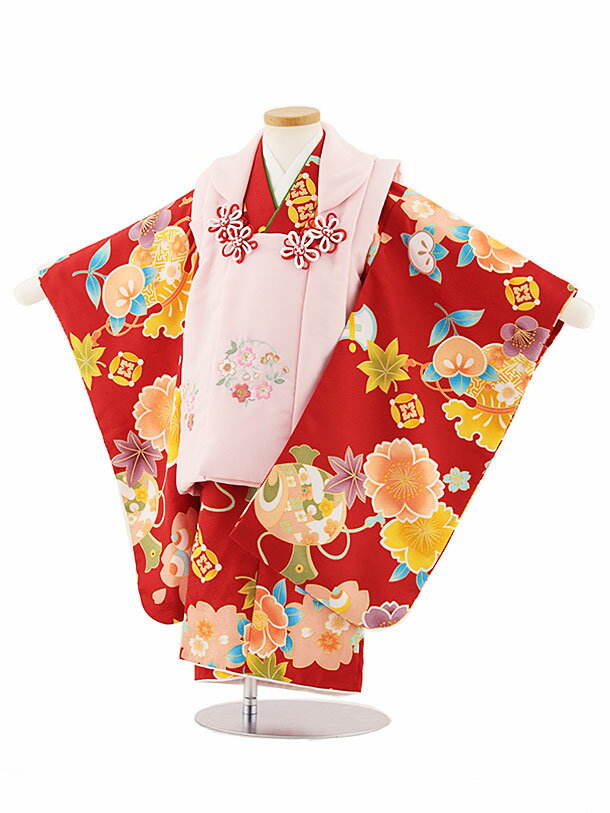 【レンタル】着物 七五三(3歳女児被布)4745 ピンク刺繍桜×赤地桜宝尽くし 3歳 被布 フルセット 女の子 お祝い着 正月 3才 女児 きものレンタル〔往復...