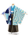 【レンタル】着物 かんたん七五三レンタル(5歳男袴)5904蒼 水色変わり柄アシンメトリーx黒地袴 5歳 袴(簡単着付け) フルセット 男の子 お祝い着 正月 5才 男児 きものレンタル〔往復送料無料〕