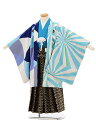 【レンタル】着物 かんたん七五三レンタル(5歳男袴)5905蒼 水色変わり柄アシンメトリーx黒地袴 5歳 袴(簡単着付け) フルセット 男の子 お祝い着 正月 5才 男児 きものレンタル〔往復送料無料〕