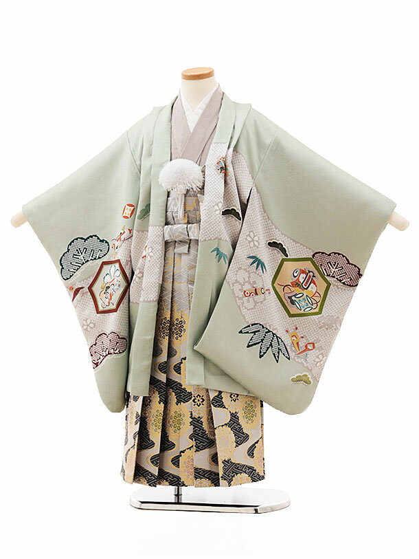 Rakuten - 七五三レンタル 男の子 O122 (正絹)ヒワ色亀甲吉祥文様×グレー黒 5歳 男の子 レンタル 袴セット 正絹 男児 753 フルセット 着物 子ども きものレンタル 七五三レンタル 羽織 お正月 和装 お祝い 5才 男の子 袴 新品足袋プレゼント 往復送料無料【レンタル】