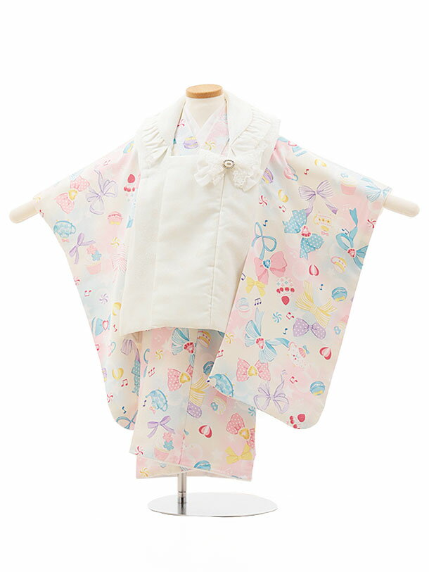 Kimono Set （Girls） - 【レンタル】着物 七五三(3歳女児)O165【pitapita】オフ白レースドット×白リボン 3歳 被布 フルセット 女の子 お祝い着 正月 3才 女児 きものレンタル〔往復送料無料〕