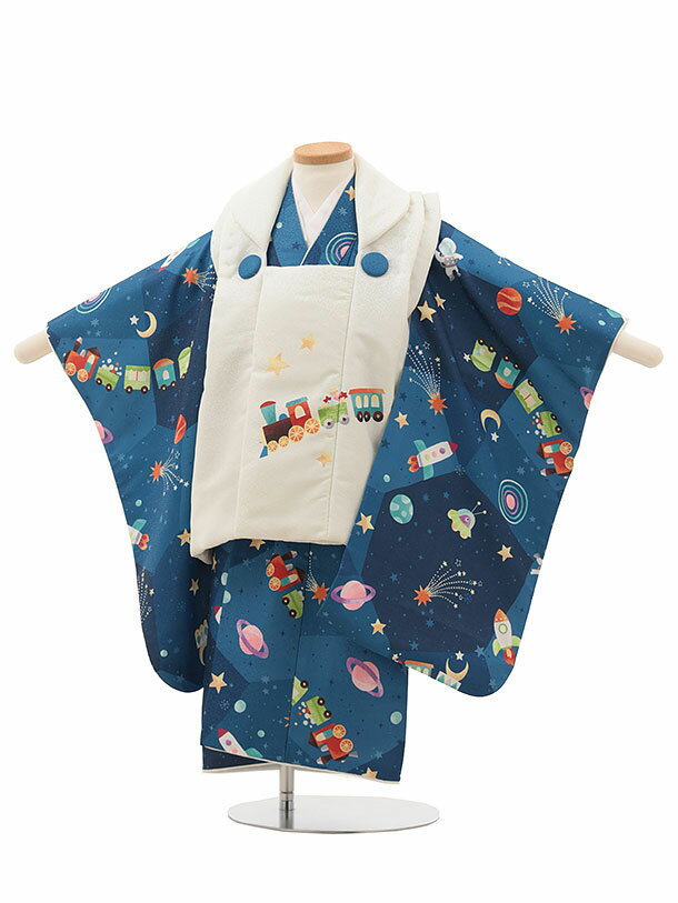 Other - 【レンタル】着物 七五三(2歳男児被布)O182【pitapita】宇宙 青 汽車ポッポ 2歳 被布 フルセット 男の子 お祝い着 正月 2才 男児 きものレンタル〔往復送料無料〕
