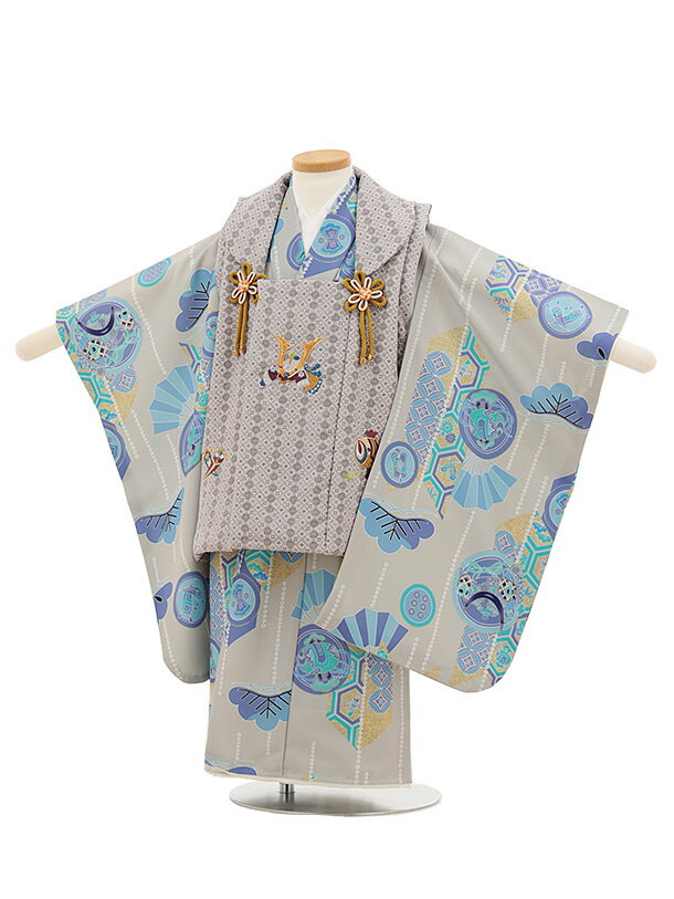 【レンタル】着物 七五三レンタル(3歳男児被布)W406 ベージュ刺繍兜×ベージュ吉祥文様 3歳 被布 フルセット 男の子 お祝い着 正月 3才 男児 きものレ...
