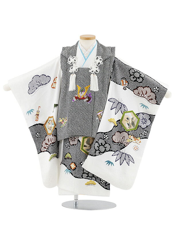 【レンタル】着物 七五三レンタル(3歳男児被布)W586【正絹】黒絞り刺繍兜×白 吉祥文様 3歳 被布 フルセット 男の子 お祝い着 正月 3才 男児 きものレ...
