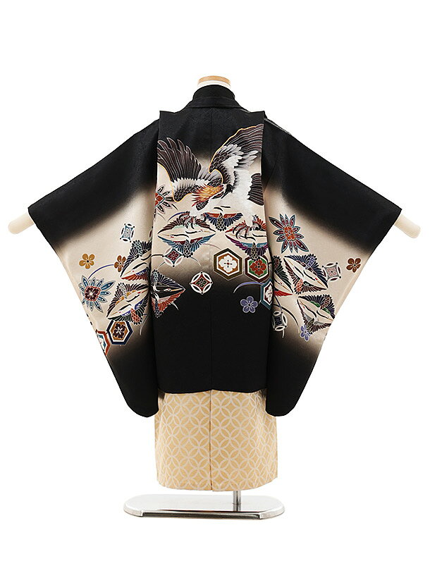 【レンタル】着物 七五三(5歳男袴)X595【正絹】黒ぼかし 吉祥文様に鷹×ベージュゴ...