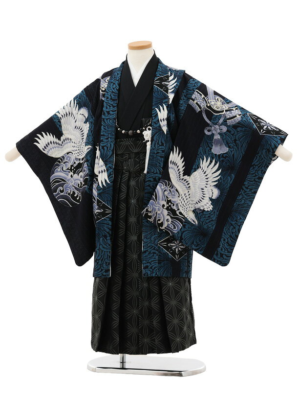 【レンタル】着物 かんたん七五三(5歳男袴)X779 JAPANSTYLE 紺地鷹に乱菊縞×黒 5歳...