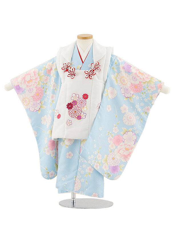 【レンタル】着物 七五三レンタル(3歳女児被布)4865 白花刺繍×水色菊桜牡丹 3歳 被布 フルセット 女の子 お祝い着 正月 3才 女児 きものレンタル〔往復送料無料〕