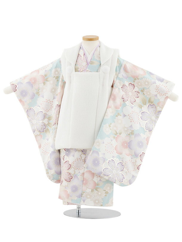 Rakuten - 【レンタル】着物 七五三レンタル(3歳女児被布)S086 オフホワイト×ペールブルー シルバー桜 3歳 被布 フルセット 女の子 お祝い着 正月 3才 女児 きものレンタル〔往復送料無料〕