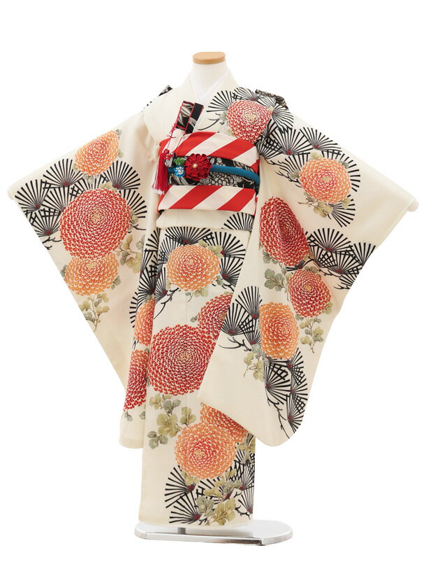 【レンタル】着物 七五三(7歳)LOWRYS FARM 別注カラー Y528 クリーム 大菊に松 7歳 結び帯 フルセット 女の子 お祝い着 正月 7才 女児 きものレンタル〔往復送料無料〕