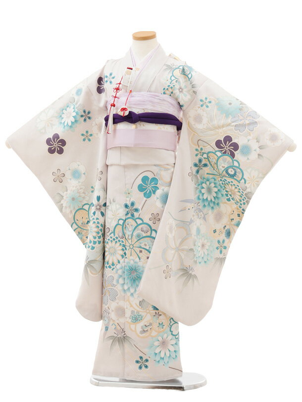 Age 7 - 【レンタル】着物 七五三(7歳結び帯)Y568 淡グレー 菊花づくし 7歳 結び帯 フルセット 女の子 お祝い着 正月 7才 女児 きものレンタル〔往復送料無料〕