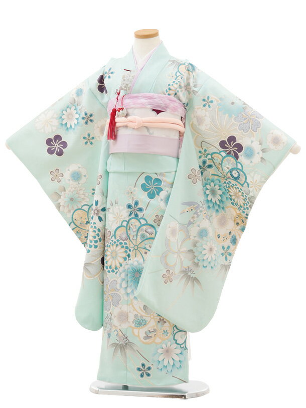 Rakuten - 【レンタル】着物 七五三(7歳結び帯)Y569 淡ミント 菊花づくし 7歳 結び帯 フルセット 女の子 お祝い着 正月 7才 女児 きものレンタル〔往復送料無料〕