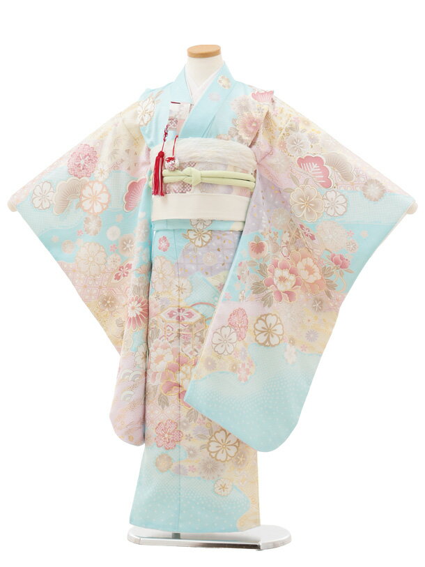 【レンタル】着物 七五三(7歳結び帯)Y602 水色 貝桶 牡丹 7歳 結び帯 フルセット 女の子 お祝い着 正月 7才 女児 きものレンタル〔往復送料無料〕...