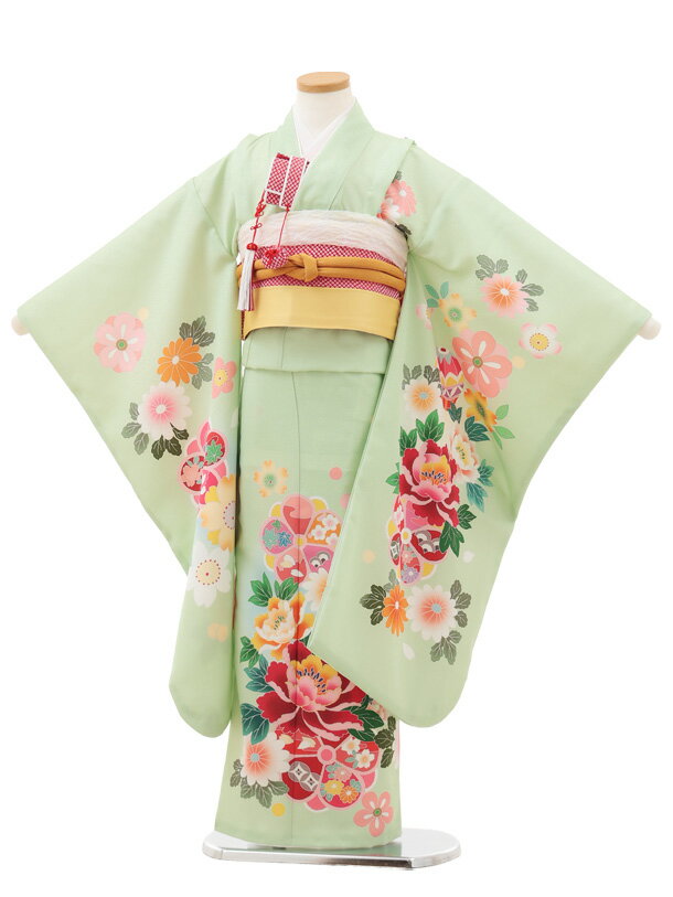 【レンタル】着物 七五三(7歳結び帯)Y604 ペールグリーン 鞠に牡丹 7歳 結び帯 フルセット 女の子 お祝..