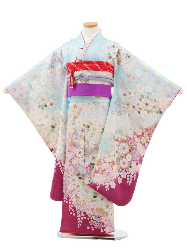 【レンタル】着物 七五三(7歳結び帯)Y629【正絹】水色 裾パープル 辻が花調 7歳 結び帯 フルセット 女の子 お祝い着 正月 7才 女児 きものレンタル〔往復送料無料〕