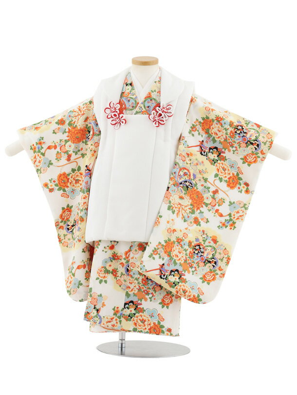 【レンタル】着物 七五三レンタル(3歳女児被布)S094 白×ちりめん花車に菊 3歳 被布...